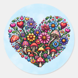 Floral Heart Pixel Art Runder Aufkleber