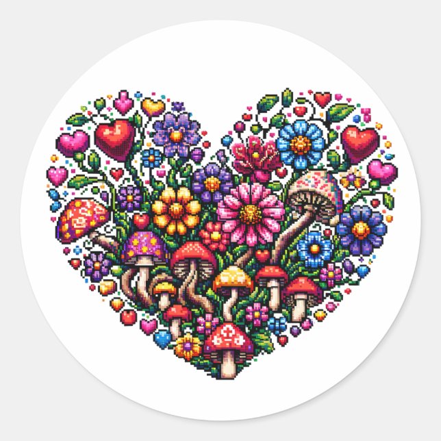 Floral Heart Pixel Art Runder Aufkleber (Vorderseite)