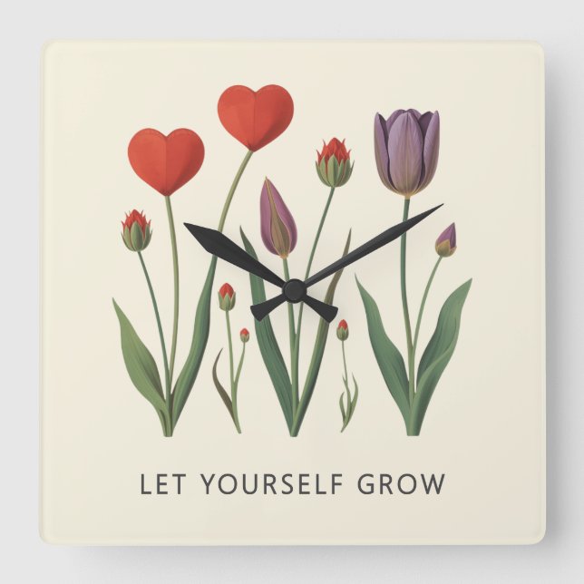 Floral Heart Tulips Let Yourself Grow Quote Quadratische Wanduhr (Vorderseite)