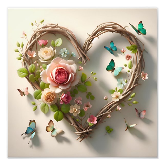 Floral Heart Wreath with Butterflies Romantic  Fotodruck (Vorne)