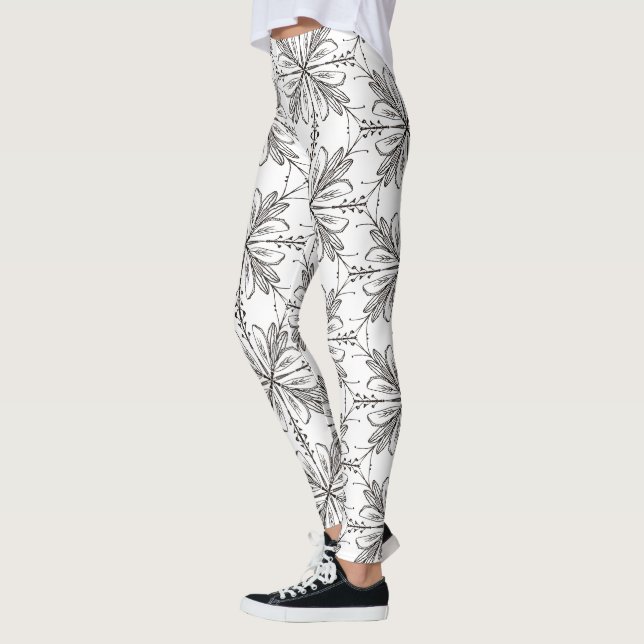 Floral Henna Mandala Schwarz-weiße Leggings (Links)
