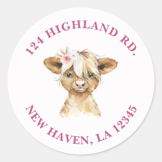 Floral Highland Cow-Adresse Runder Aufkleber (Vorderseite)