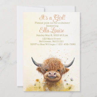 Floral Highland Cow Baby Dusche Einladung