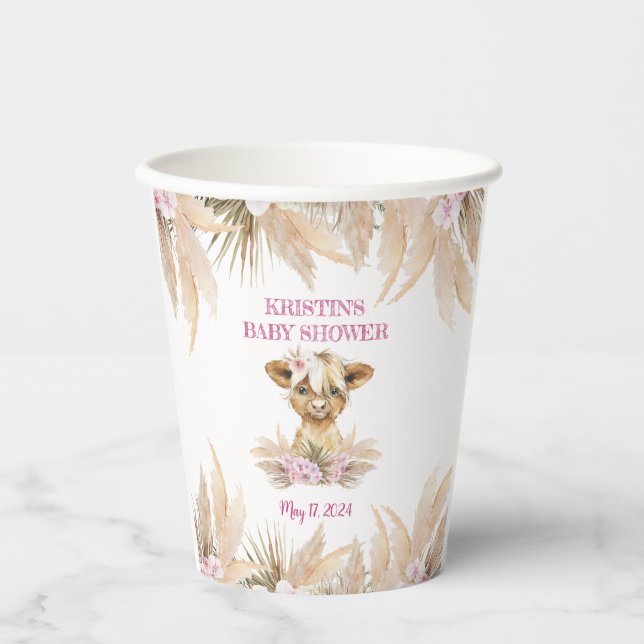 Floral Highland Cow Baby Dusche Pappbecher (Vorderseite)
