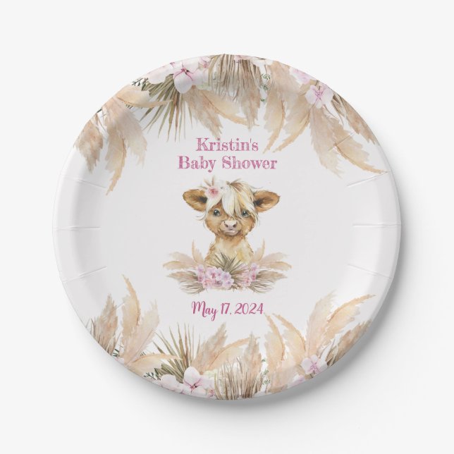 Floral Highland Cow Baby Dusche Pappteller (Vorderseite)