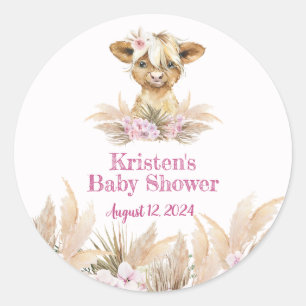 Floral Highland Cow Baby Dusche Runder Aufkleber