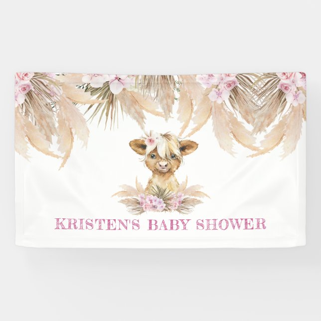 Floral Highland Cow Baby Dusche Willkommen Banner (Horizontal)