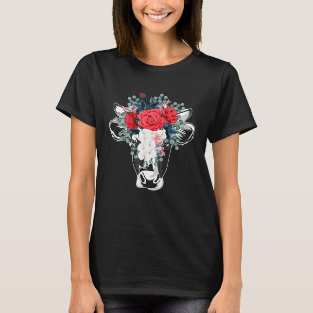 Floral Highland Cow Heifer Dairy Farm Animal Wildf T-Shirt (Vorderseite)