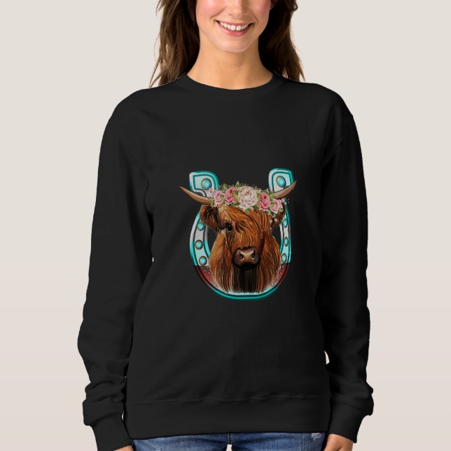 Floral Highland Cow Heifer Horseshoe Western Count Sweatshirt (Vorderseite)