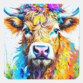 Floral Highland Cow Quadratischer Aufkleber