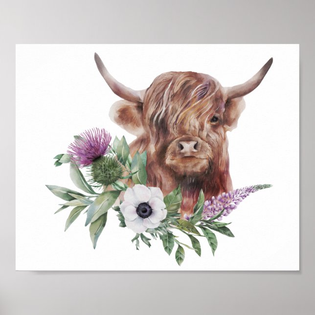 Floral Highland Cow Wasserfarbe Decoupage Print Poster (Vorne)