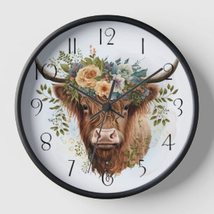 Floral Highland Cow Watercolor Uhr