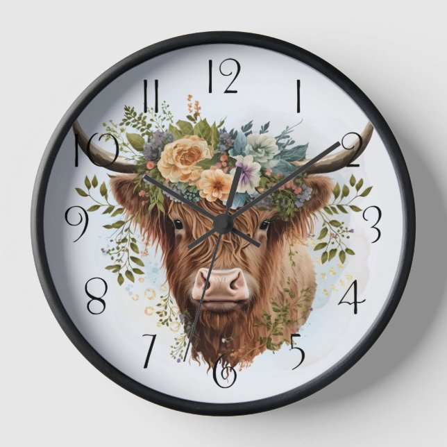Floral Highland Cow Watercolor Uhr (Vorderseite)