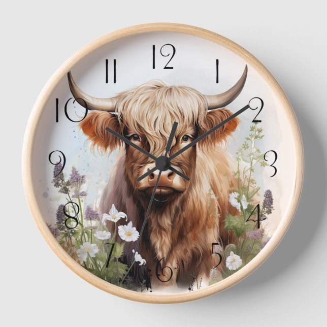 Floral Highland Cow Watercolor Uhr (Vorderseite)