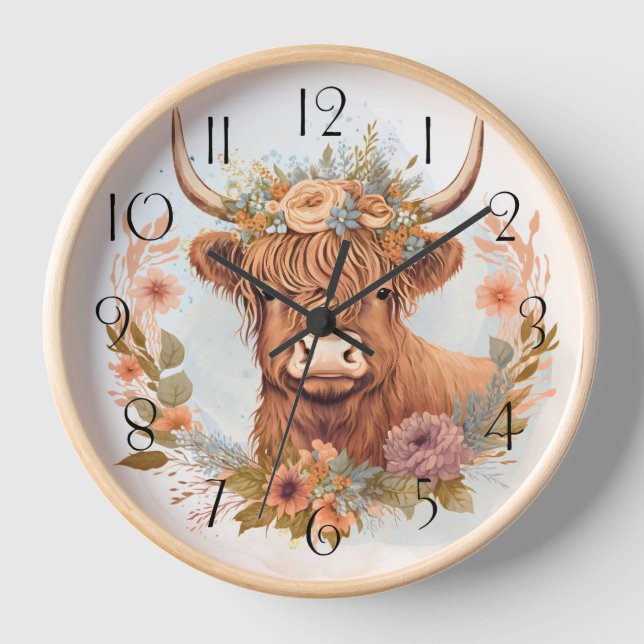Floral Highland Cow Watercolor Uhr (Vorderseite)