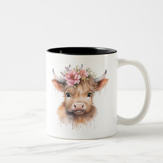 Floral Highland Cow Watercolor Zweifarbige Tasse (Rechts)