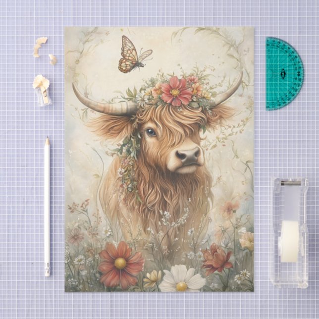 Floral Highland Cow With Wildflowers Decoupage Seidenpapier (Handwerk)