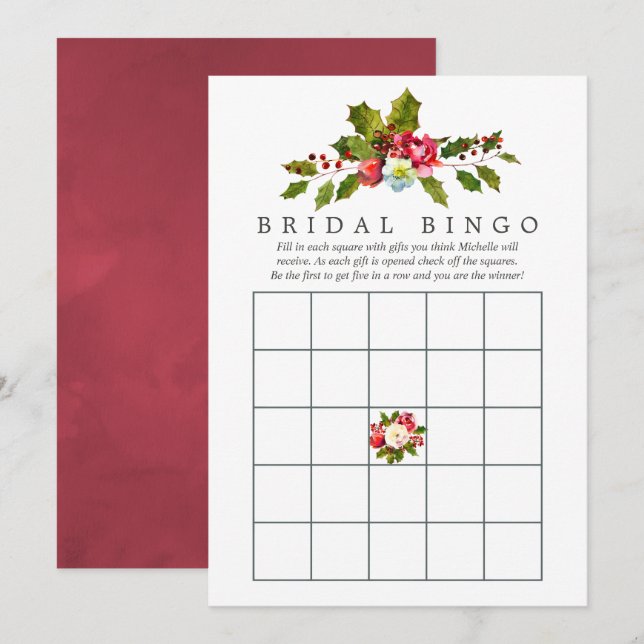 Floral Holly Christmas Brautparty Bingo Einladung (Vorne/Hinten)