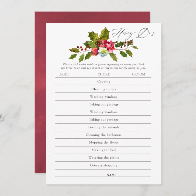 Floral Holly Christmas Brautparty Game Einladung (Vorne/Hinten)