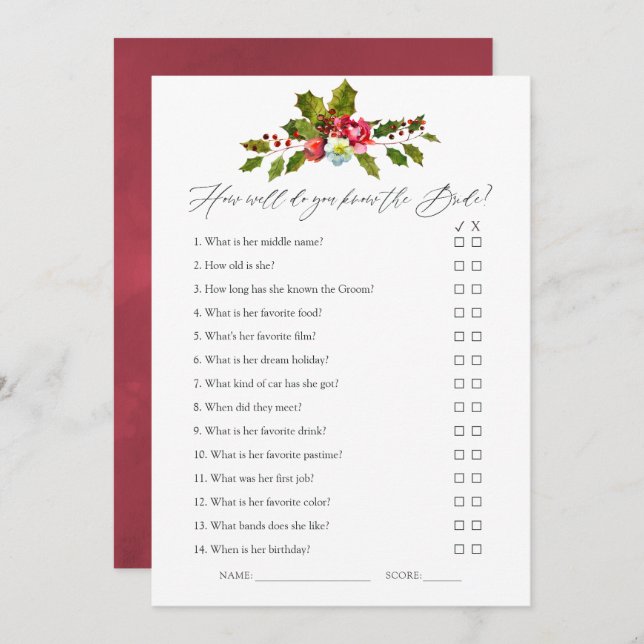 Floral Holly Christmas Brautparty Game Einladung (Vorne/Hinten)