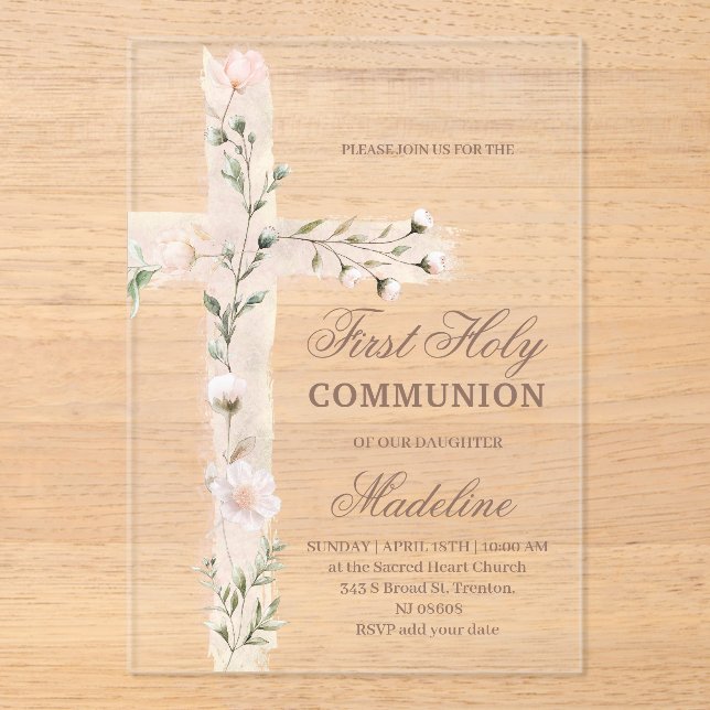 floral Holy cross First Communion Acryleinladungen (Vorderseite)