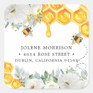 Floral Honeycomb Rücksendeadresse für Hummeln Quadratischer Aufkleber