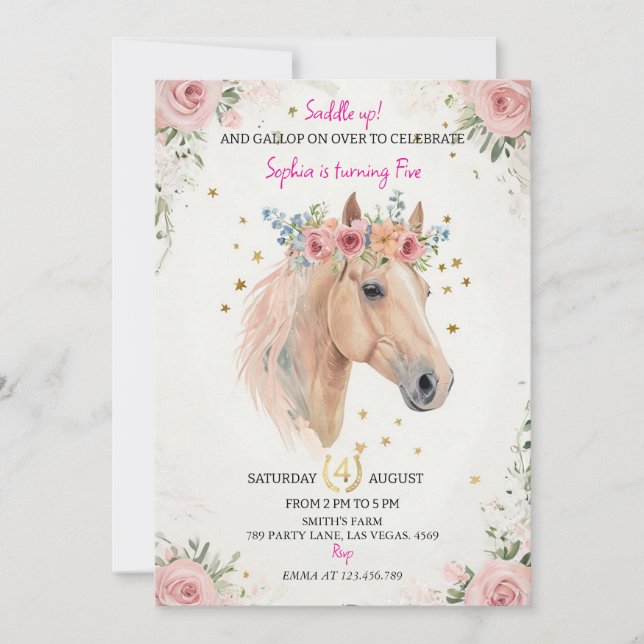 Floral Horse Kids Birthday Invite Template Einladung (Vorderseite)