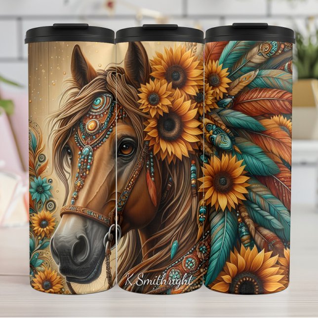 Floral Horse Sunflower Feather Adornment Thermosbecher (Von Creator hochgeladen)