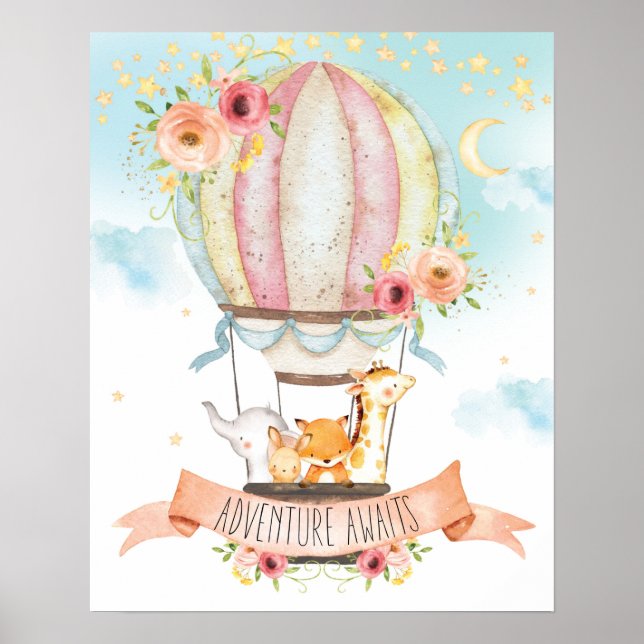 Floral Hot Air Ballon Animals Adventure erwartet Poster (Vorne)