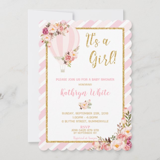 Floral Hot Air Ballon Baby Dusche Einladung Girl (Vorderseite)