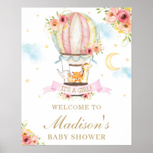 Floral Hot Air Ballon Baby Dusche Tiere Willkommen Poster