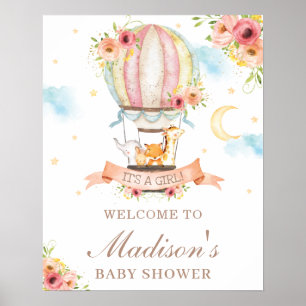 Floral Hot Air Ballon Baby Dusche Tiere Willkommen Poster