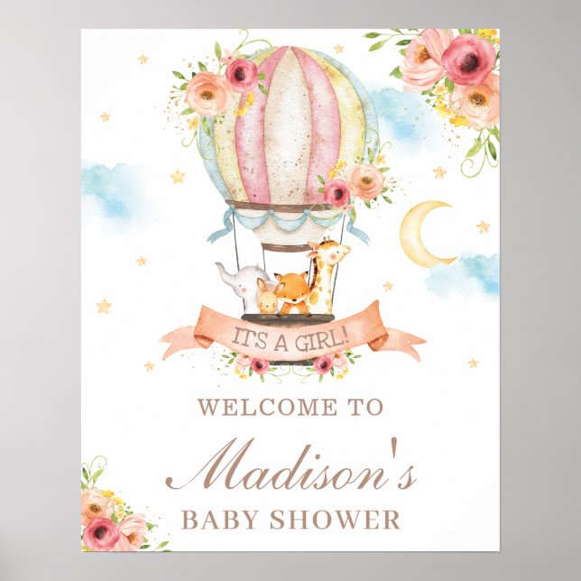 Floral Hot Air Ballon Baby Dusche Tiere Willkommen Poster (Vorne)