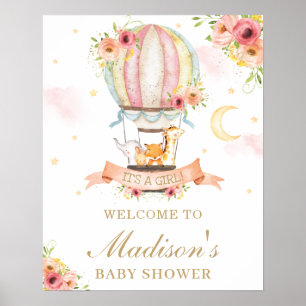 Floral Hot Air Ballon Baby Dusche Tiere Willkommen Poster
