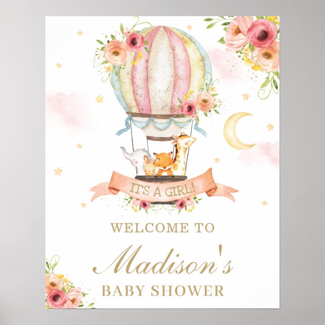 Floral Hot Air Ballon Baby Dusche Tiere Willkommen Poster (Vorne)