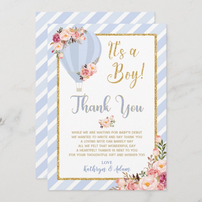 Floral Hot Air Ballon Babydusche Danke Karten (Vorne/Hinten)