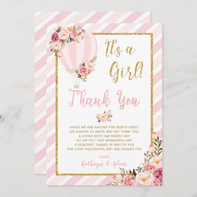 Floral Hot Air Ballon Babydusche Danke Karten (Vorne/Hinten)