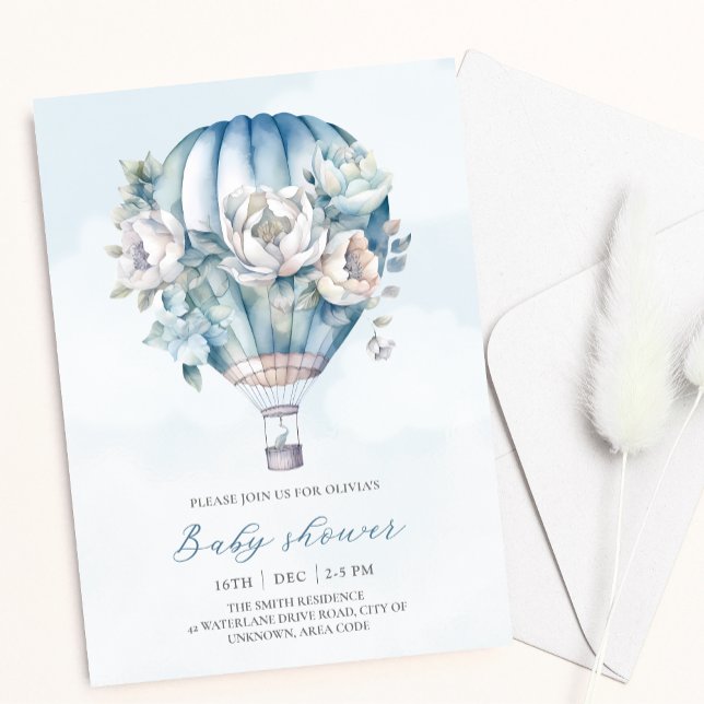 Floral Hot Air Ballon Blue Boy Baby Dusche Einladung (Von Creator hochgeladen)