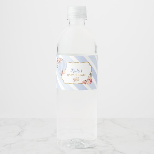 Floral Hot Air Balloon Baby Shower Blue Baby Boy Wasserflaschenetikett (Vorderseite)