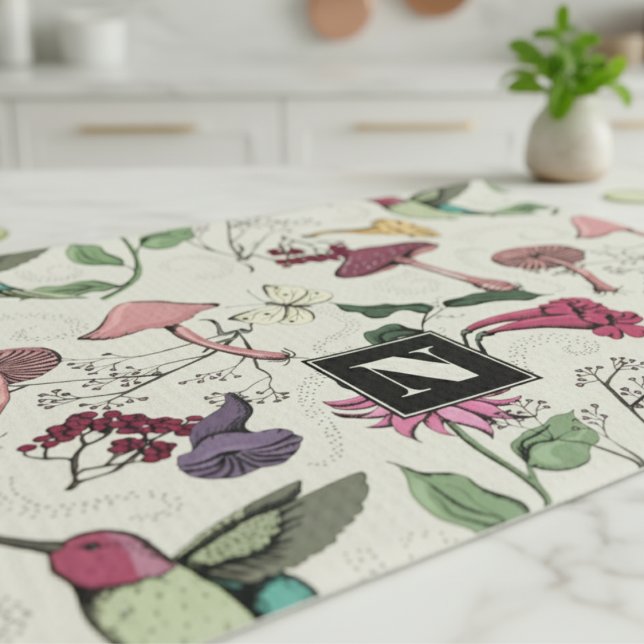 Floral Hummingbird Garden Muster Gelb Geschirrtuch (Chic Floral Hummingbird Kitchen Towels. Hummingbird Flower Pattern for Nature, Bird or Animal Lover)