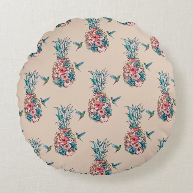 Floral Hummingbird Tropische Ananas Creme Rundes Kissen (Vorderseite)