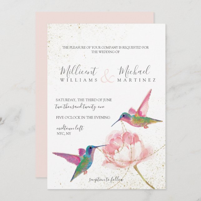 Floral Hummingbirds Pink Gold Wasserfarbenhochzeit Einladung (Vorne/Hinten)