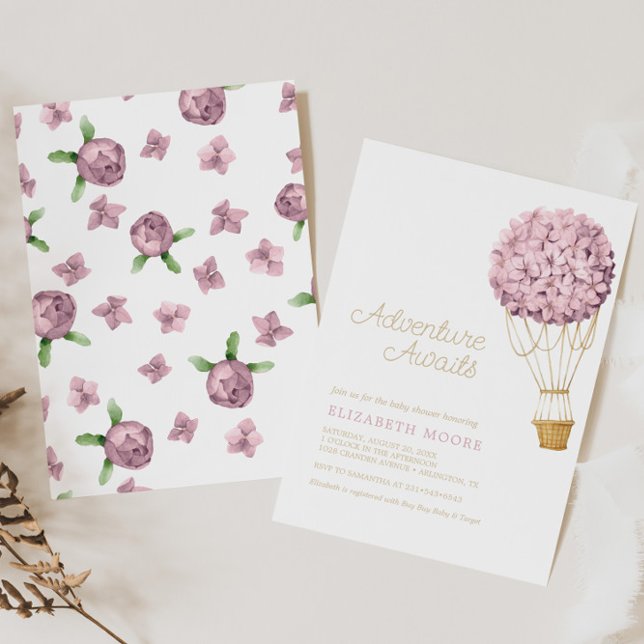 Floral Hydrangea Air Balloon Babydusche | Einladung (Von Creator hochgeladen)