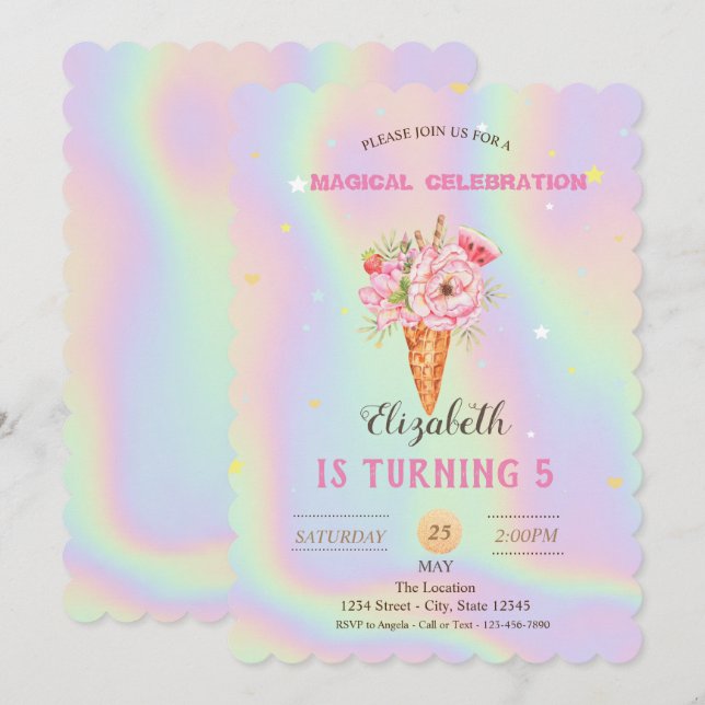 Floral Ice Creme Holographic Birthday Einladung (Vorne/Hinten)