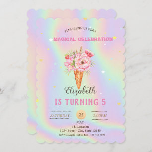 Floral Ice Creme Holographic Birthday Einladung