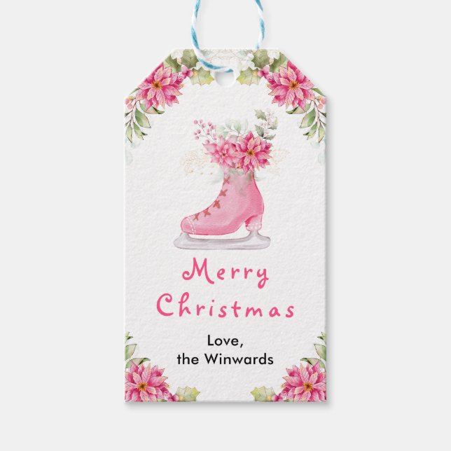 Floral Ice Skate Pink Merry Christmas Geschenkanhänger (Vorderseite)