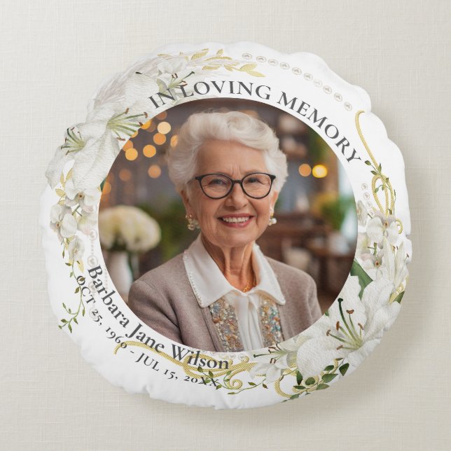 Floral In Loving Memory Memorial Funeral Keepsake Rundes Kissen (Vorderseite)