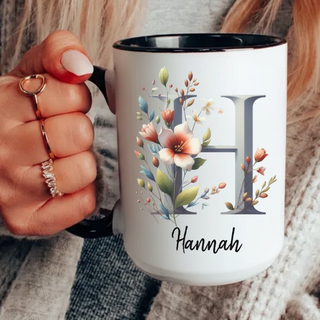 Floral Initial Mug, Custom Mug for Mom or Grandma Tasse (custom wildflower mug, personalized initial mug, wildflower coffee mug, birth flower mug for women,)