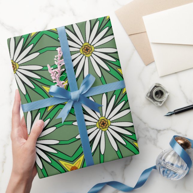 Floral Interpretation White Daisies, grüne Blätter Geschenkpapier (Schenken)