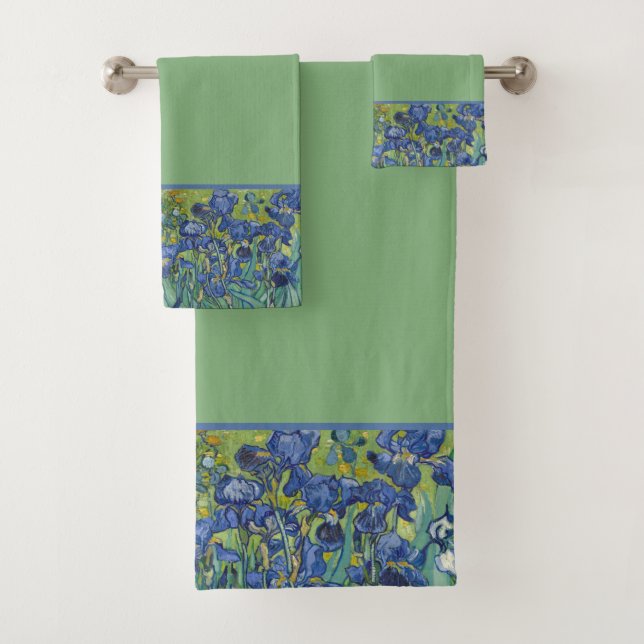 Floral Iris Border on Sage Green Hintergrund Badhandtuch Set (Insitu)